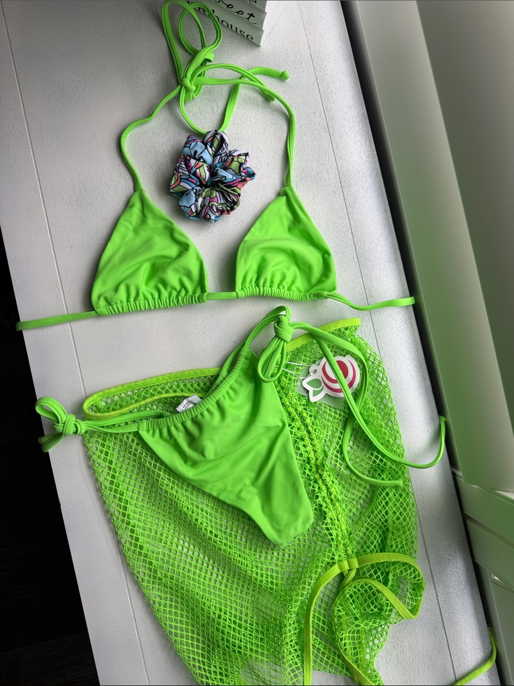 Neon Green Triangle Bikini Set with Mesh Cover-Up and scrunchie NWT small